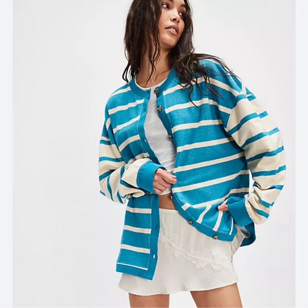 FREE PEOPLE Classic Striped Blue and Cream Sweatshirt Cardigan